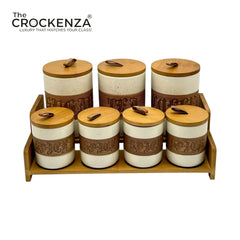 7-Piece Ceramic Airtight Jar Set with Wooden Lids & Storage Tray
