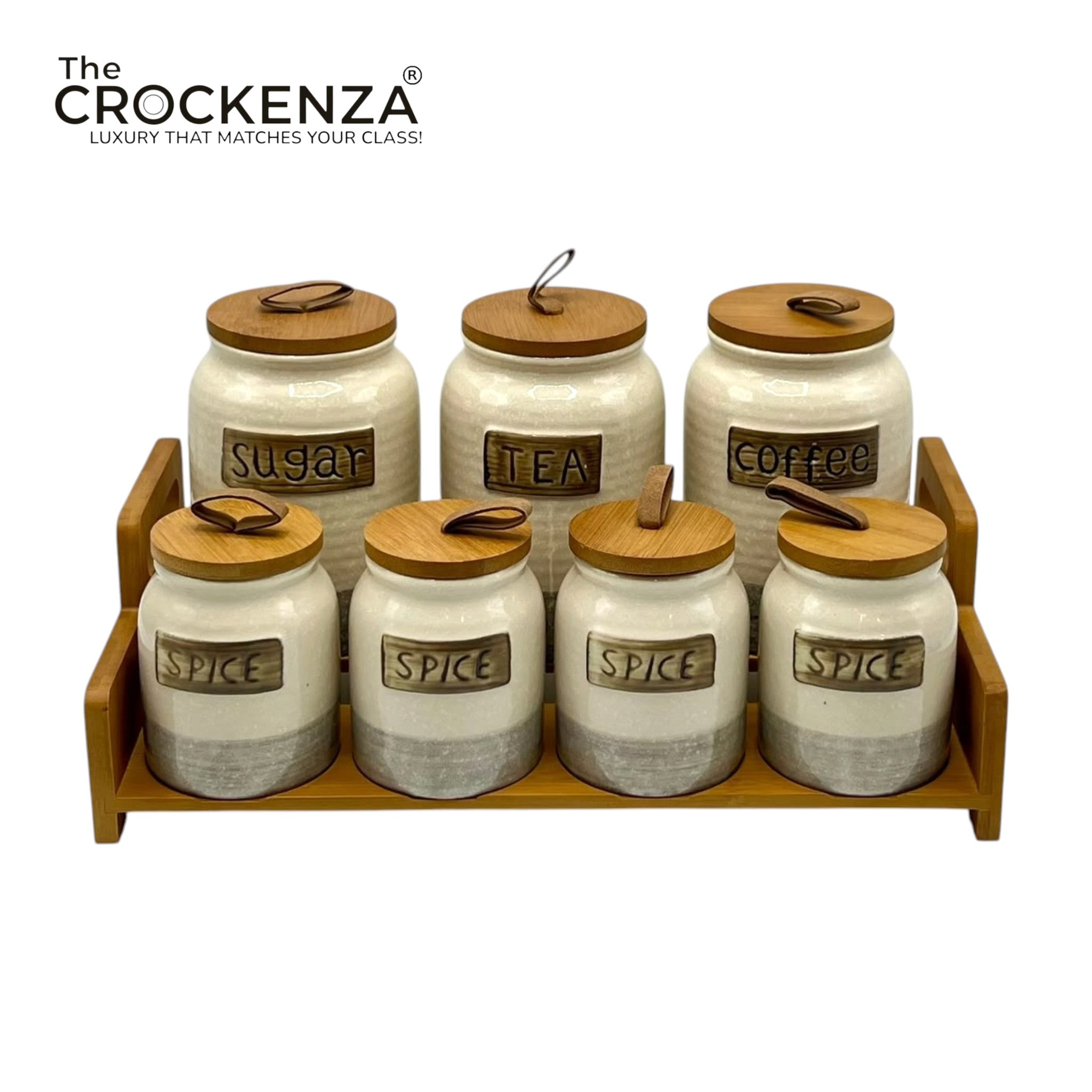 7-Piece Ceramic Airtight Jar Set with Wooden Lids & Storage Tray