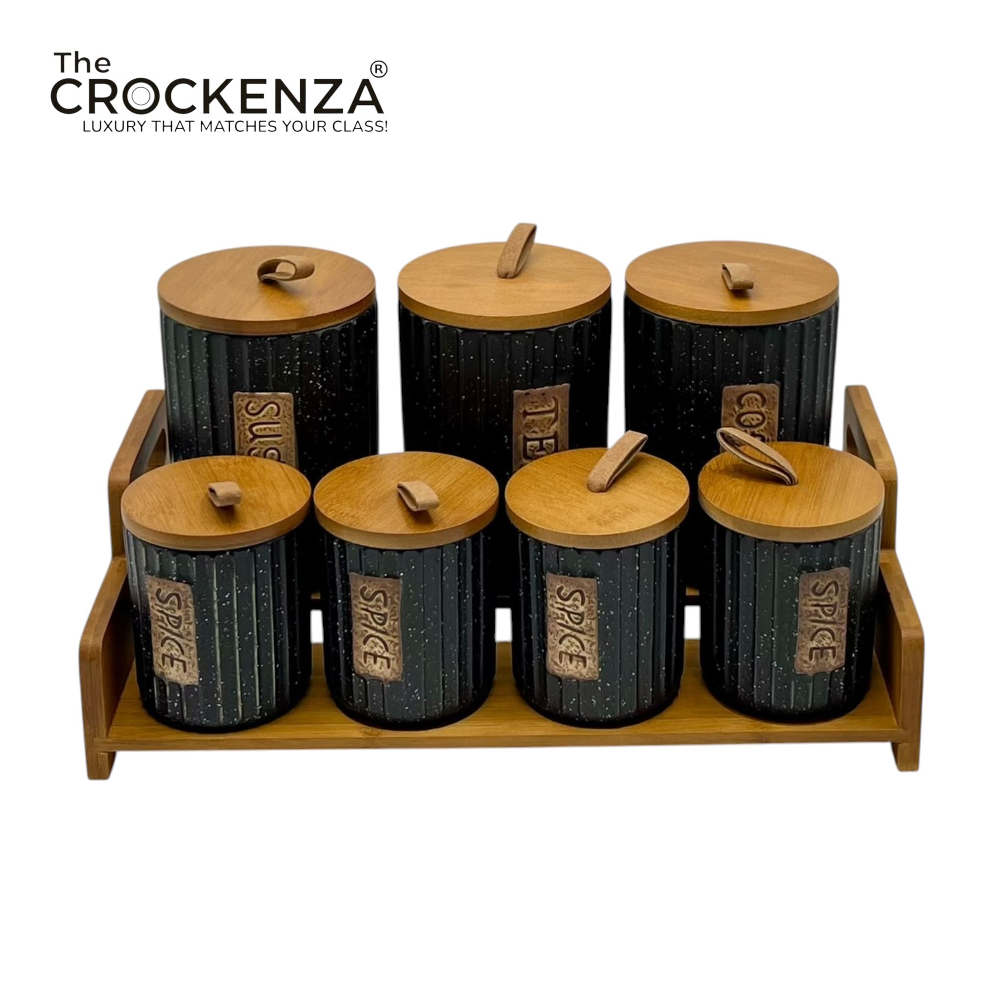 7-Piece Ceramic Airtight Jar Set with Wooden Lids & Storage Tray