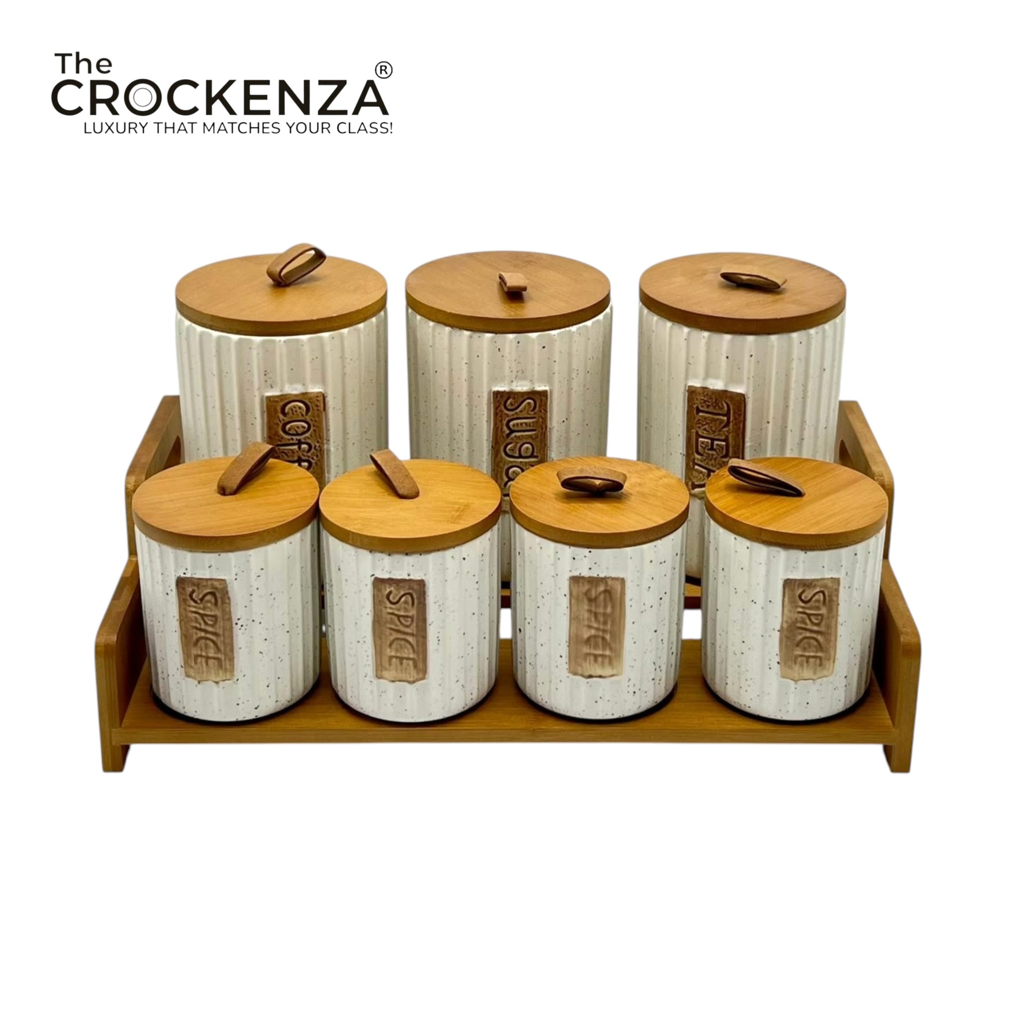 7-Piece Ceramic Airtight Jar Set with Wooden Lids & Storage Tray