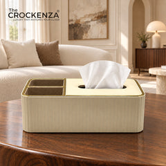 Luxury Tissue Box Holder with 2 Storage Compartments – Cream & Gold