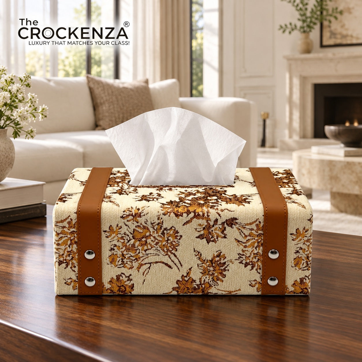 Luxury Floral Tissue Box Holder – Cream & Brown Decorative Tissue Cover