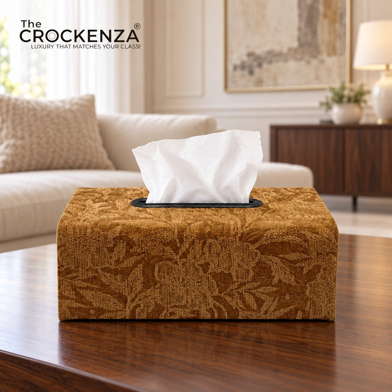 Luxury Golden Brown Floral Tissue Box Holder – Decorative Tissue Cover