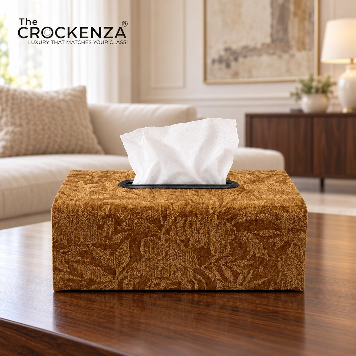 Luxury Golden Brown Floral Tissue Box Holder – Decorative Tissue Cover