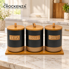 Imported Tea/Coffee/Sugar Ceramic Storage Jars – Heavy-Quality Air-tight Kitchen Canisters with Wooden Stand