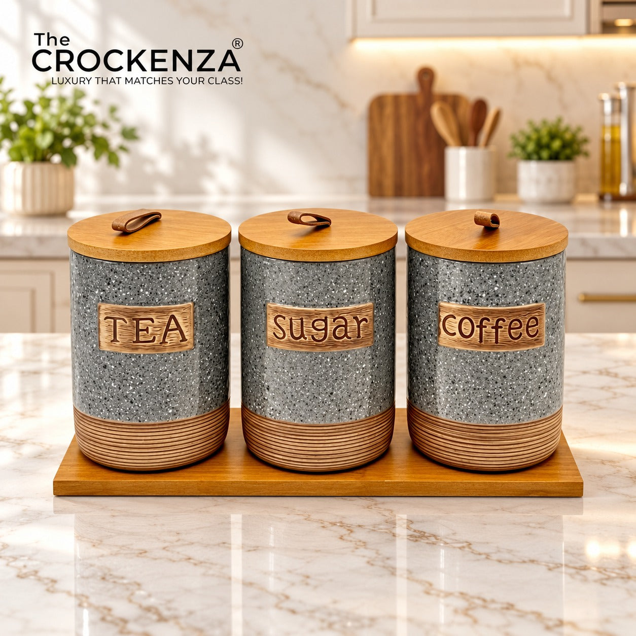 Imported Tea/Coffee/Sugar Ceramic Storage Jars – Heavy-Quality Air-tight Kitchen Canisters with Wooden Stand
