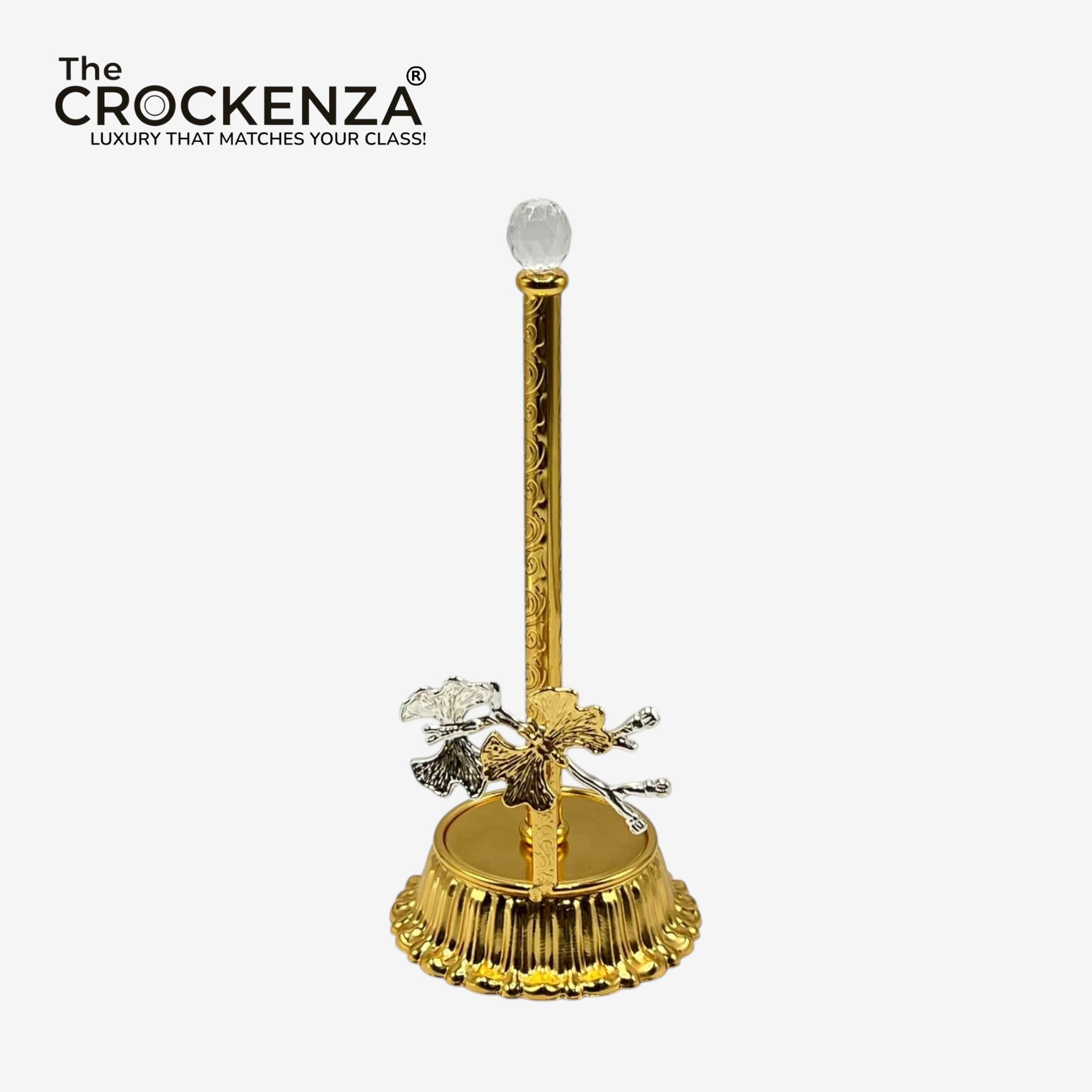 Luxury Gold Tissue Roll Holder Stand with Floral Details & Faceted Top