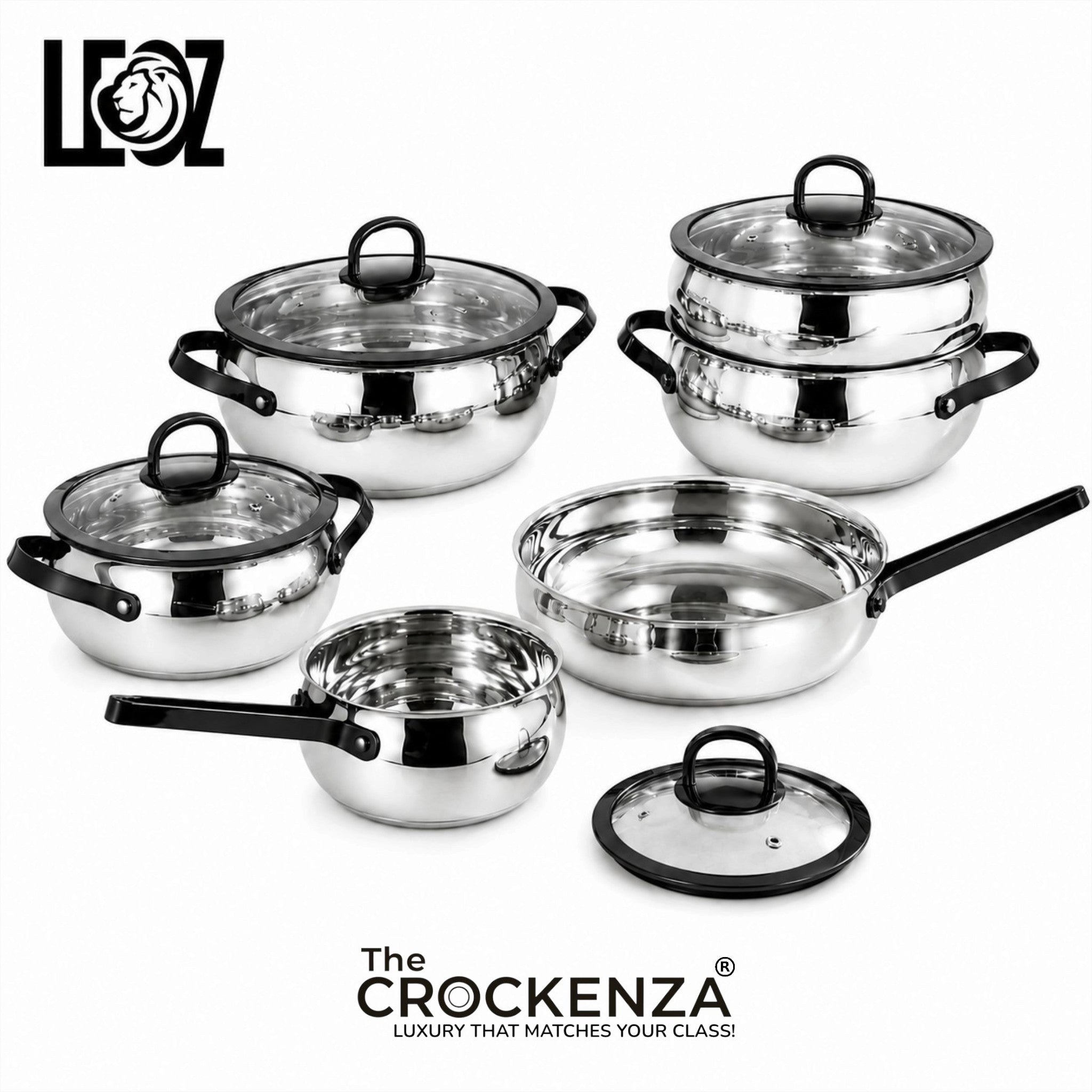 LEOZ 10 Piece 304 Stainless Steel Cookware Set | Three-layer Steel | Premium Black Handles with Glass Cover