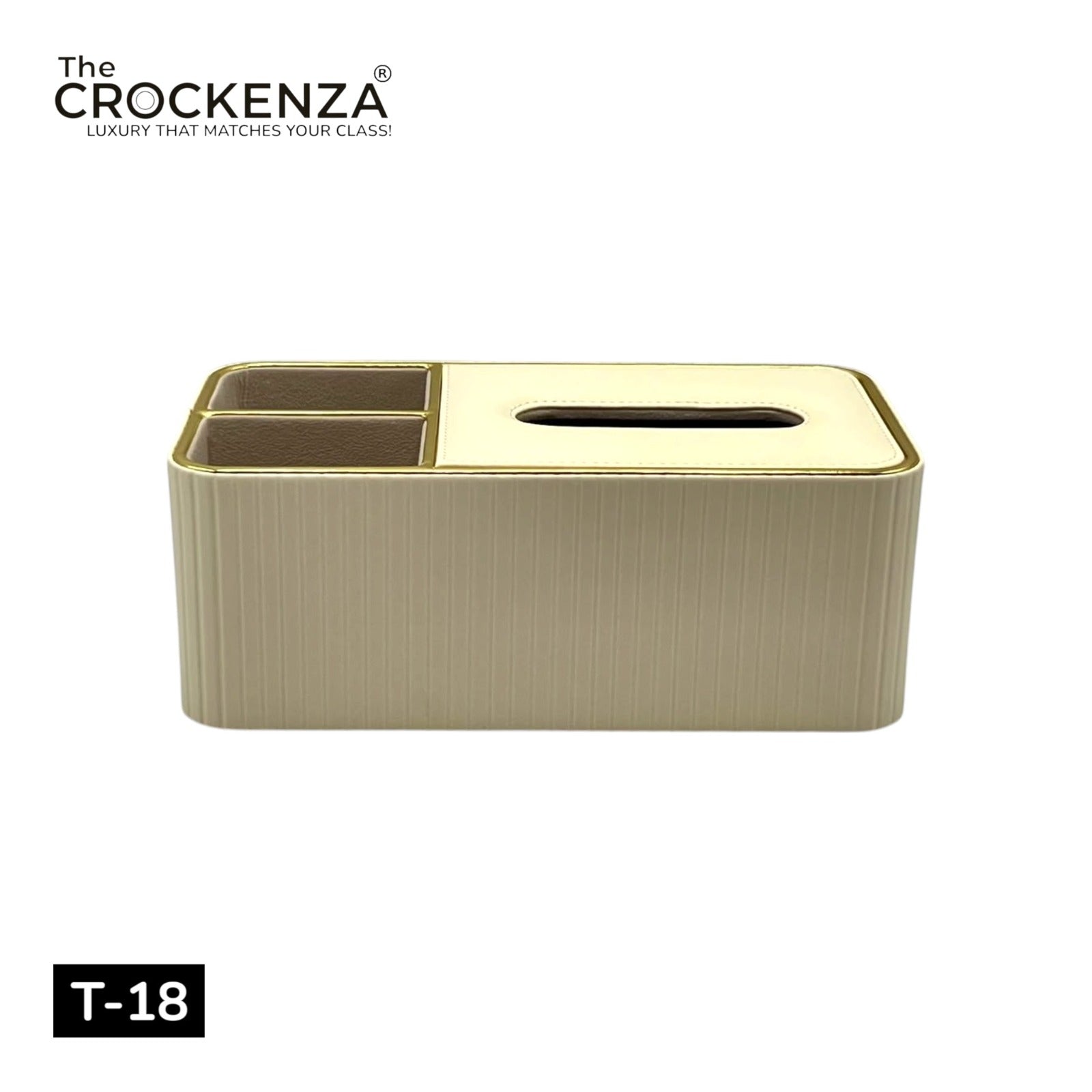 Luxury Tissue Box Holder with 2 Storage Compartments – Cream & Gold