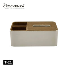 Luxury Leather Tissue Box with Wooden Top & Dual Organizer Compartments – Premium Tabletop Tissue Holder