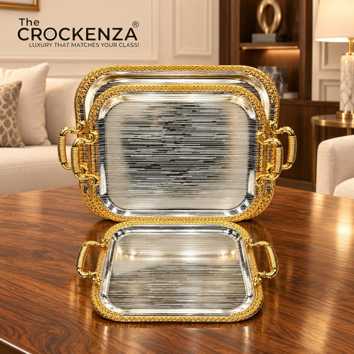 Luxury 3 Pcs Stainless Steel Serving Tray Set – Mirror Polish Finish with Elegant Handles