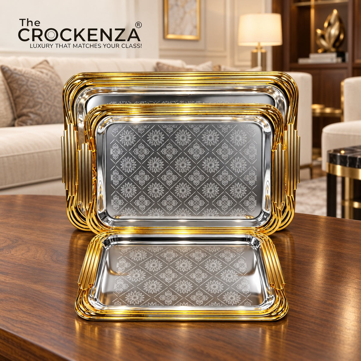 Luxury 3 Pcs Stainless Steel Serving Tray Set – Mirror Polish Finish with Elegant Handles