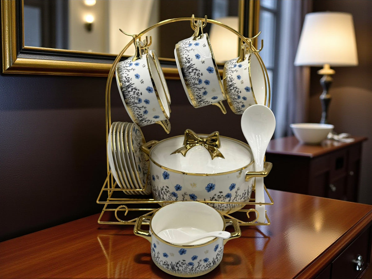 22-Piece Johnson Brothers Inspired Soup Set with Floral Print & Gold Accents – Elegant Porcelain Dinnerware
