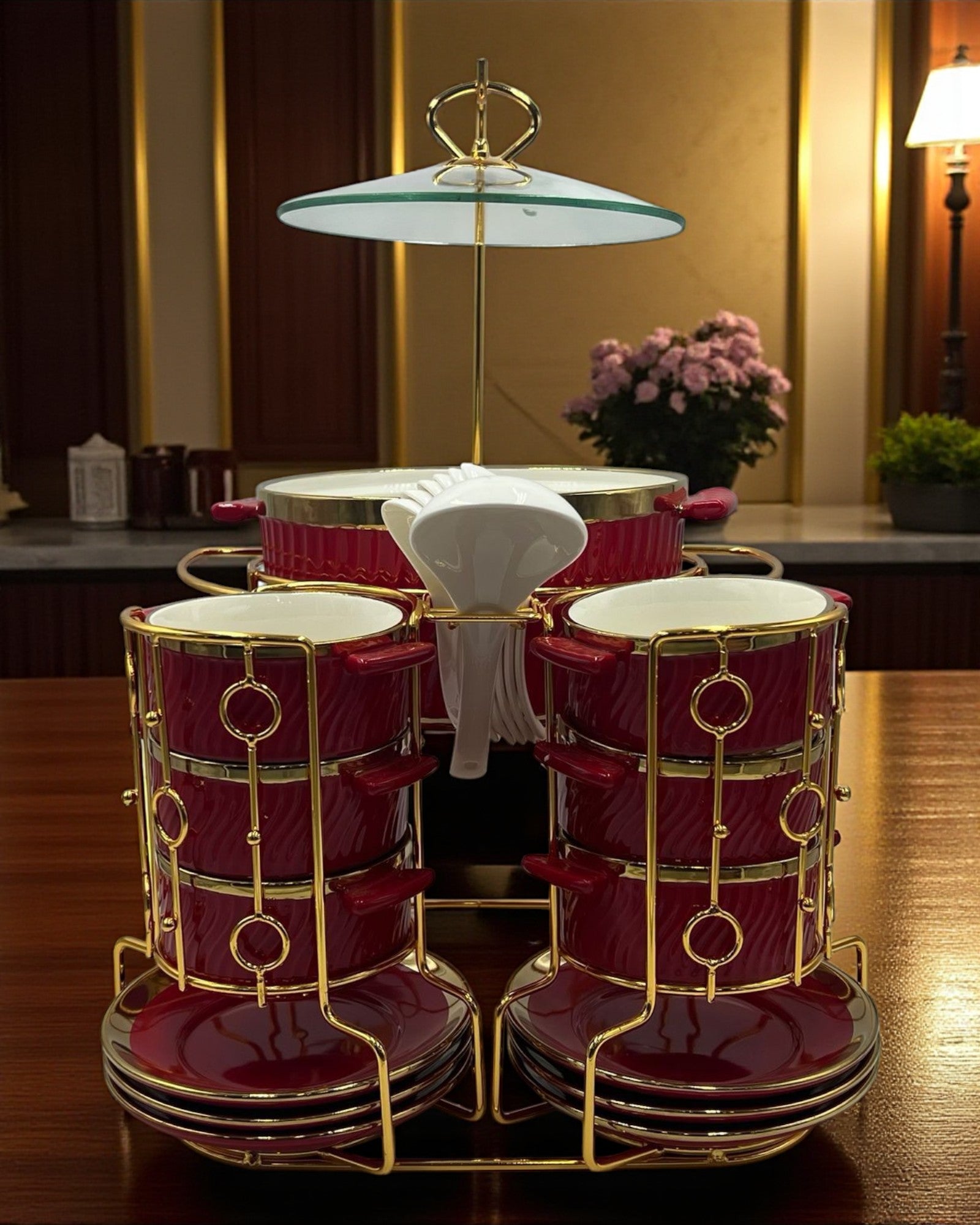 Premium Deep Red Ceramic 22-Piece Soup Set with Gold-Plated Stand – Elegant Dinnerware Collection