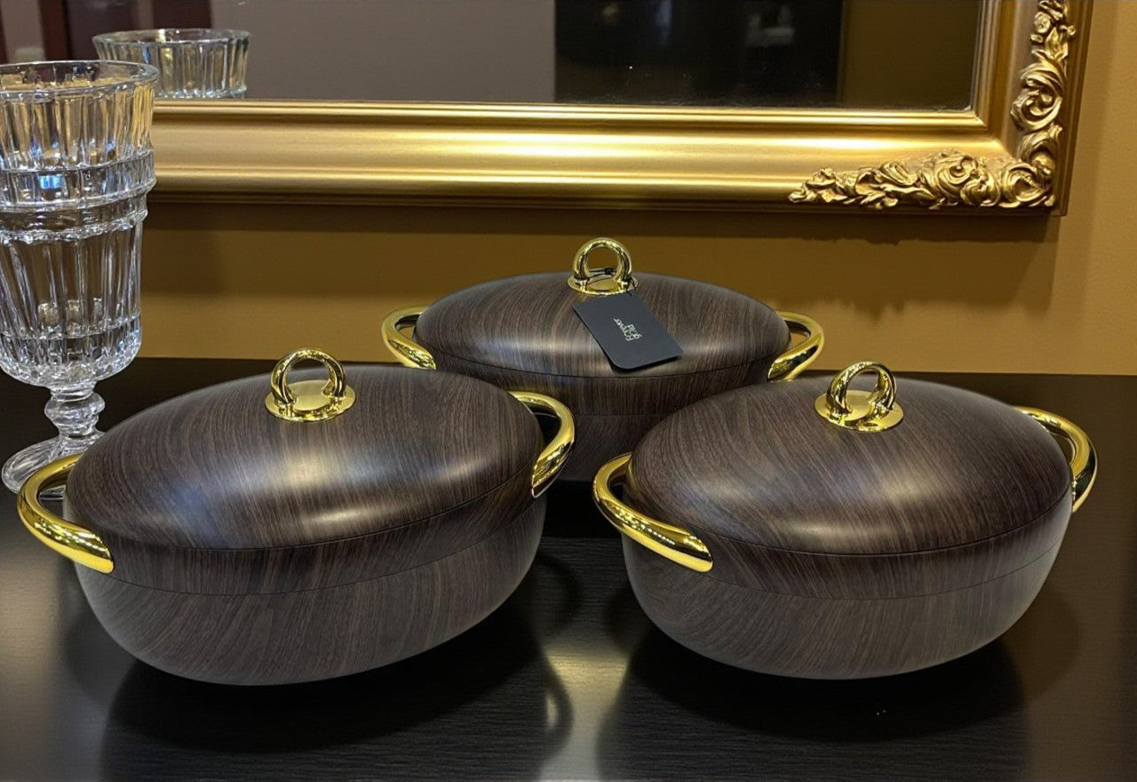 Imported Forever Gold Oval Hot Pot Set – Dark wooden textures - Set of 3