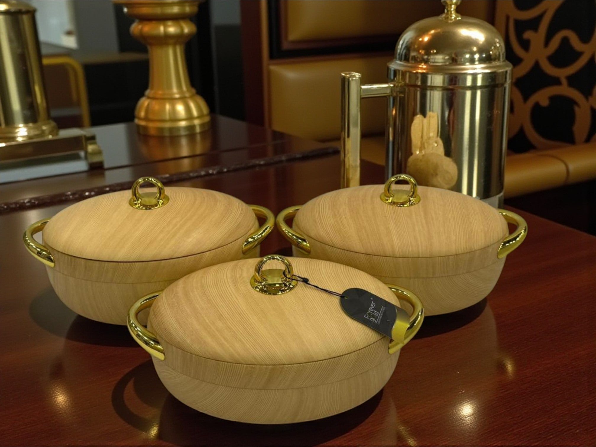 Imported Forever Gold Oval Hot Pot Set – Light wooden textures - Set of 3