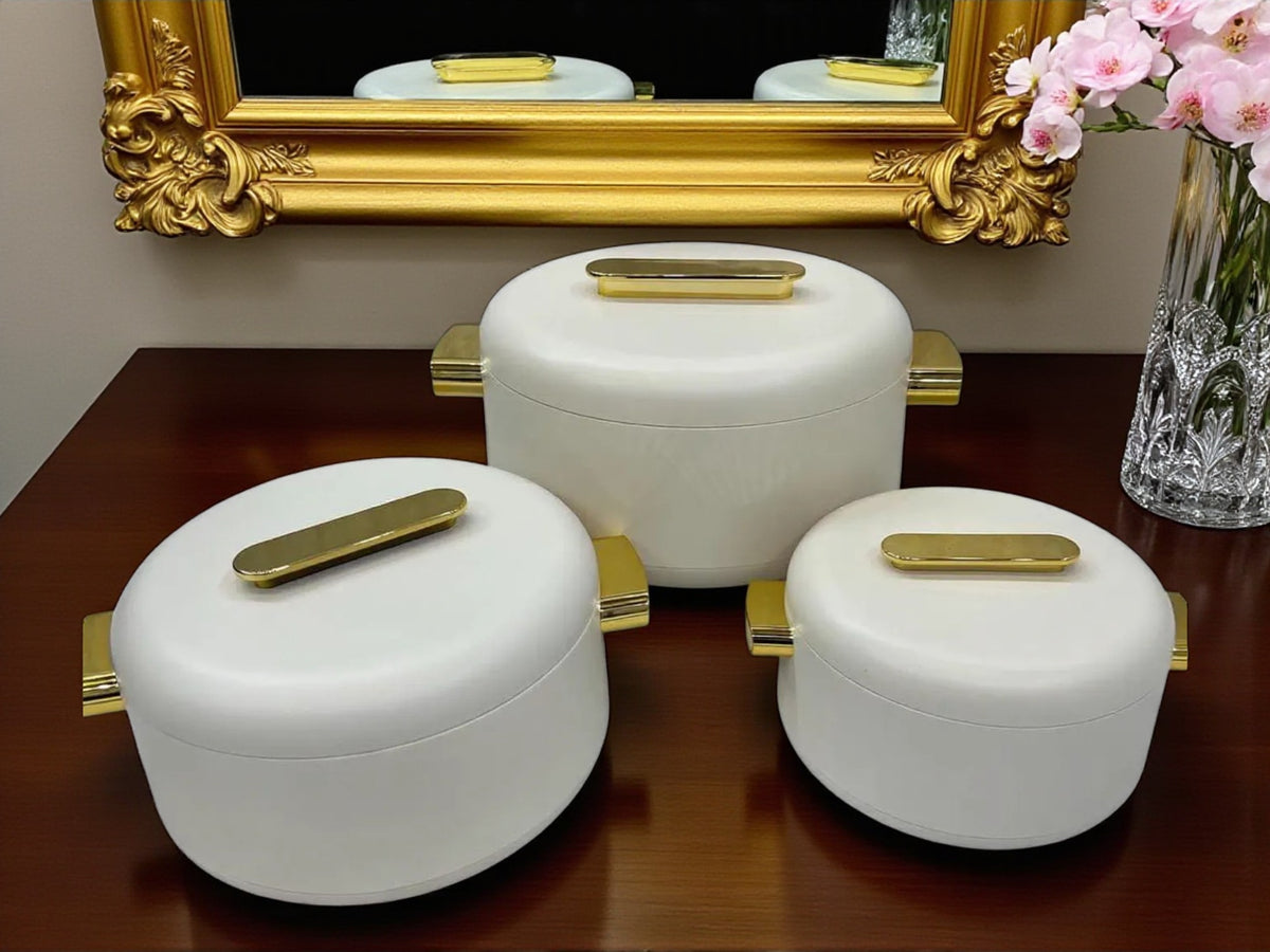 Imported Luxury Collection | Forever Gold 3Pcs Hotpot Set | Keep your food fresh & warm | White Plain Round