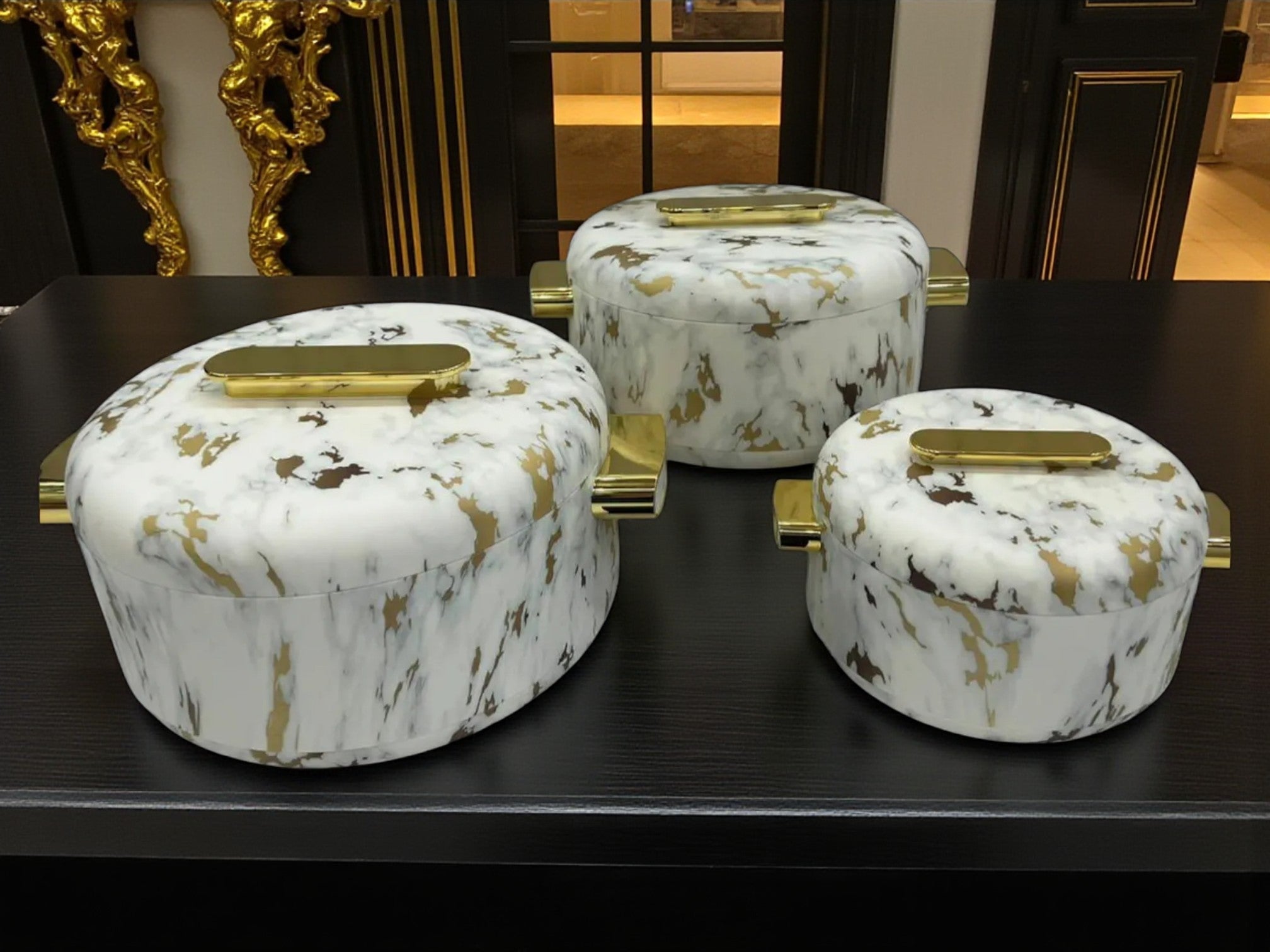 Imported Luxury Collection | Forever Gold 3Pcs Thermal Hotpot Set | White Marble Round