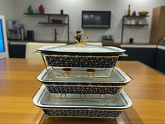 Luxury Imported Rectangular Porcelain Serving Dish (Black Textured) – Glass Lid & Side Handles for Easy Carry - Three Sizes