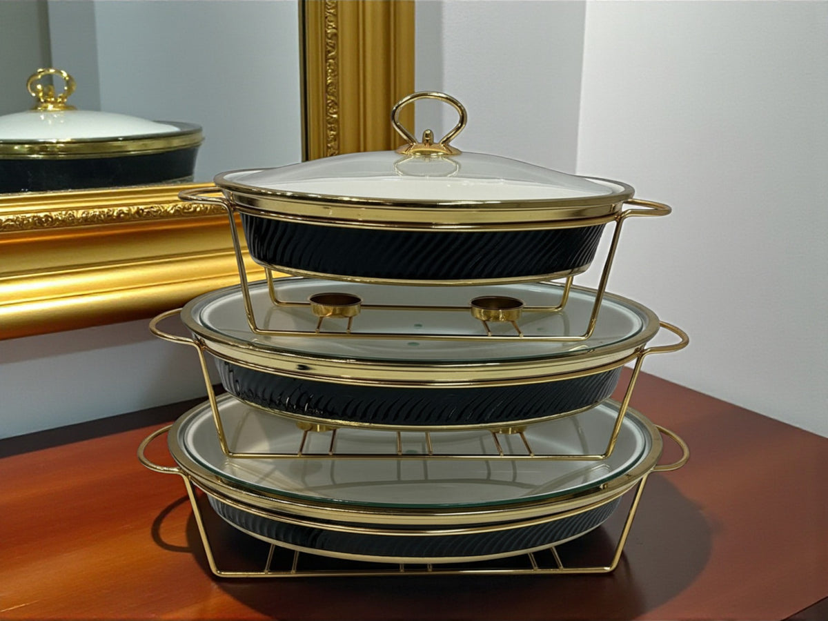 Imported Luxury Oval Porcelain Serving Dish (Black) with Glass Lid & Side Handles for Easy handling - Three Sizes