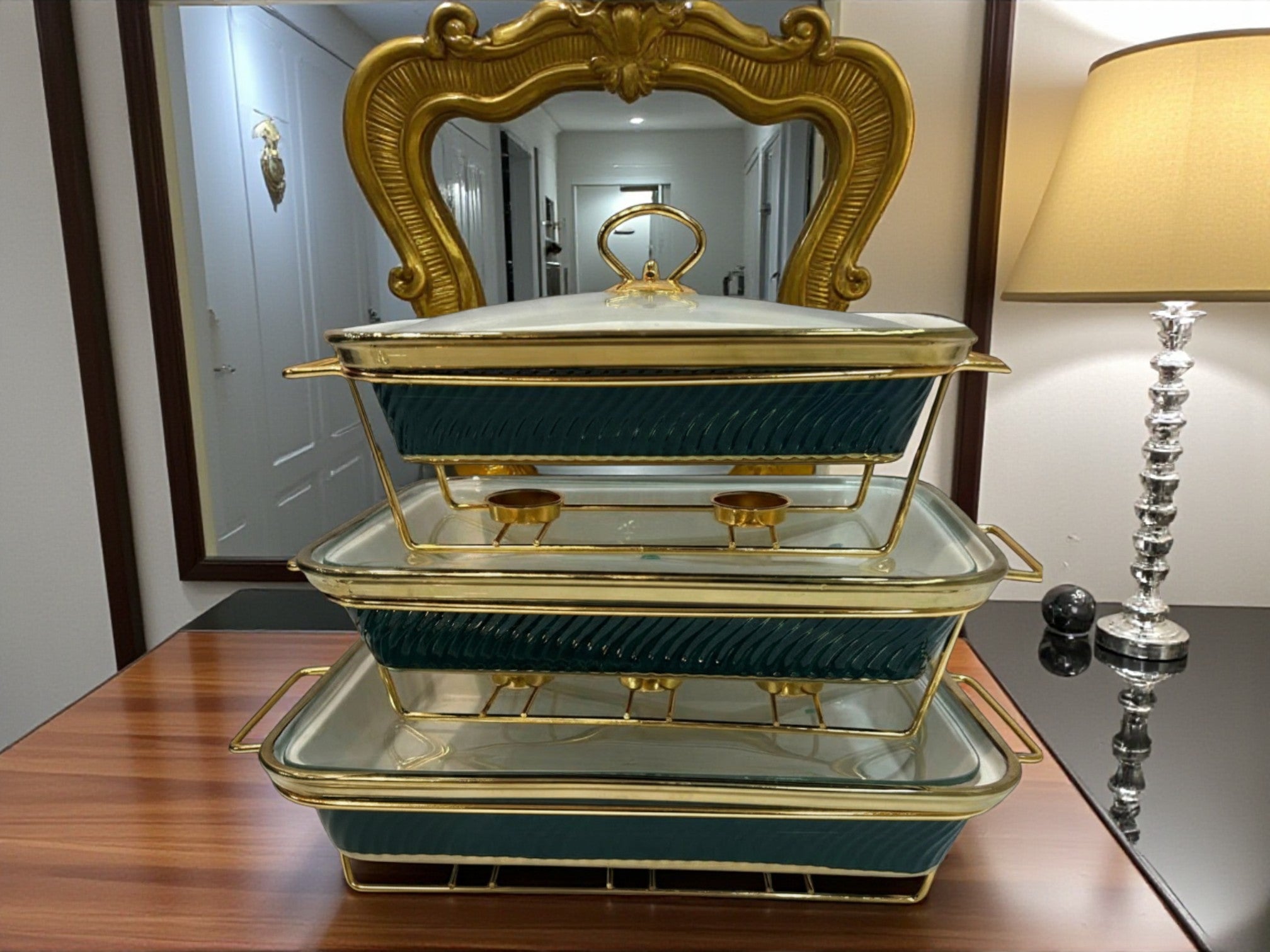 Luxury Imported Rectangular Porcelain Serving Dish (Deep Green) – Glass Lid & Side Handles for Easy handling - Three Sizes