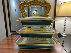 Luxury Imported Rectangular Porcelain Serving Dish (Deep Green) – Glass Lid & Side Handles for Easy handling - Three Sizes