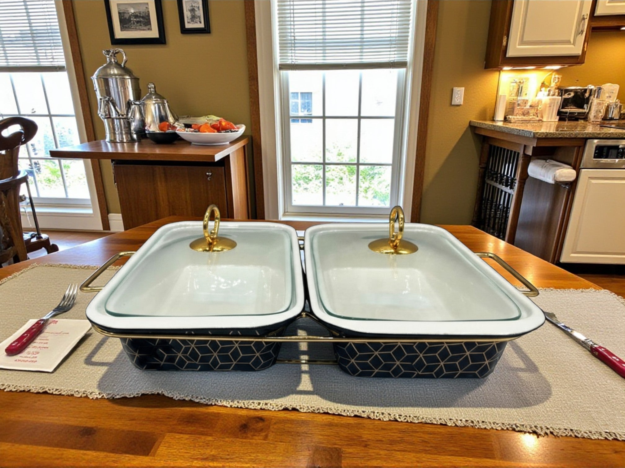 Elegant Twin Rectangular Chafing Dishes (12" each) with handles & Metal Stand – BlackTextured Buffet Set