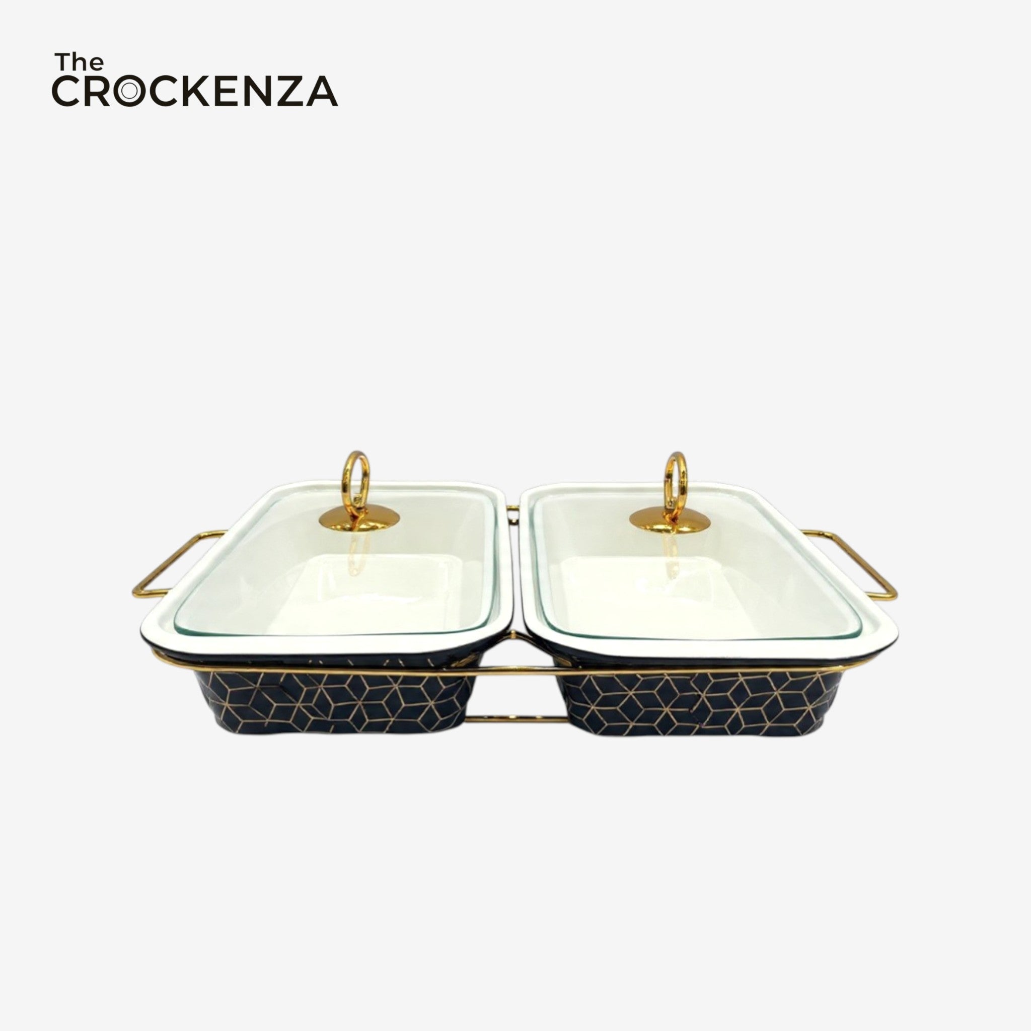 Elegant Twin Rectangular Chafing Dishes (12" each) with handles & Metal Stand – Black Textured Buffet Set