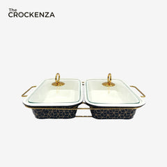 Elegant Twin Rectangular Chafing Dishes (12" each) with handles & Metal Stand – Black Textured Buffet Set