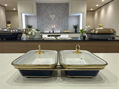 Luxury Rectangular Twin Chafing Dishes with Handles & Metal Stand – Navy Bue coloured Buffet Set (12" each)
