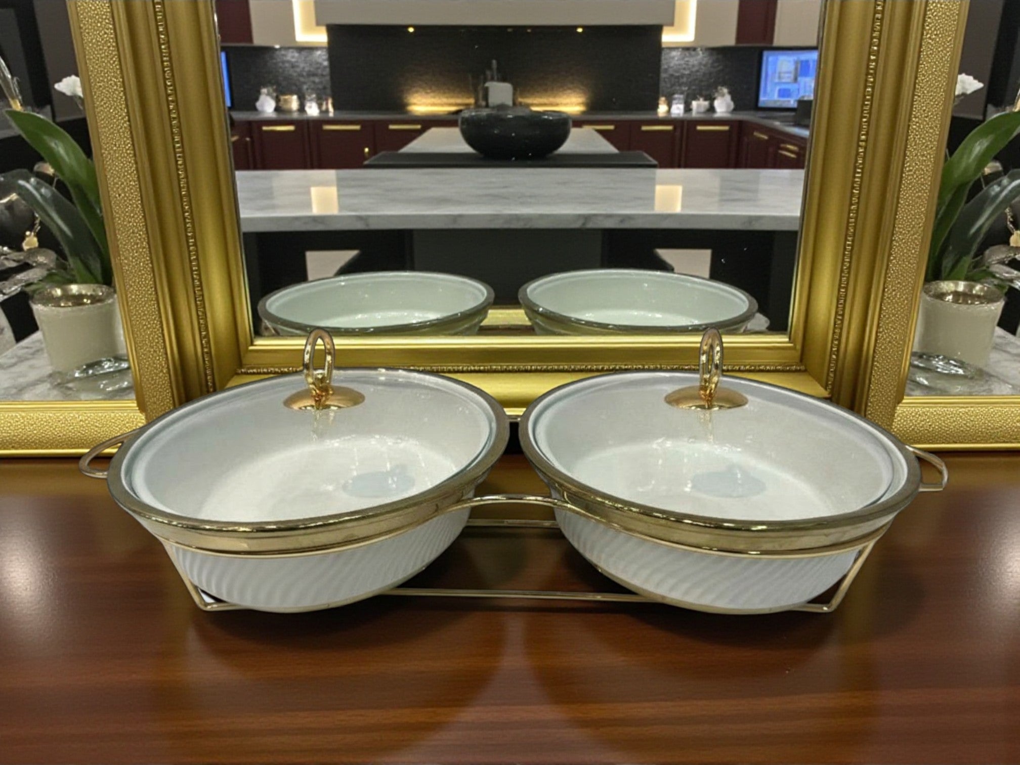 White Oval Twin Chafing Dishes (12" each) with Handles & Metal Stand – Elegant Buffet Set