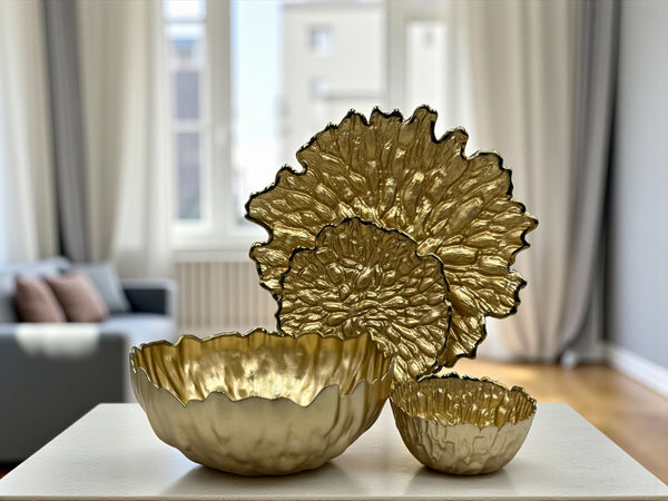 14-Piece Imperial Gold Textured Fruit & Cake Serving Set | Luxury Decorative Glass Tableware