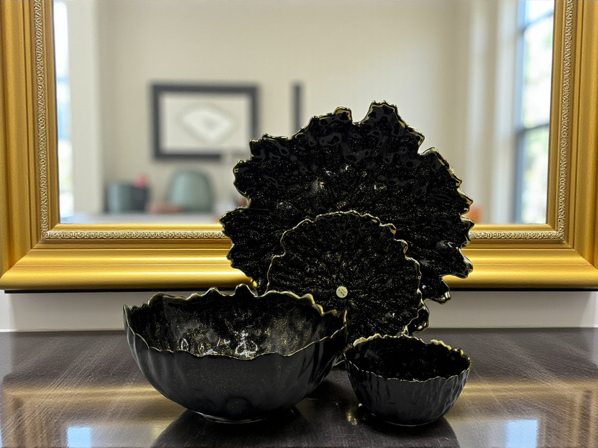 Elegant Black Gloss 14-Piece Fruit & Cake Serving Set with Gold Edging | Luxury Glass tableware