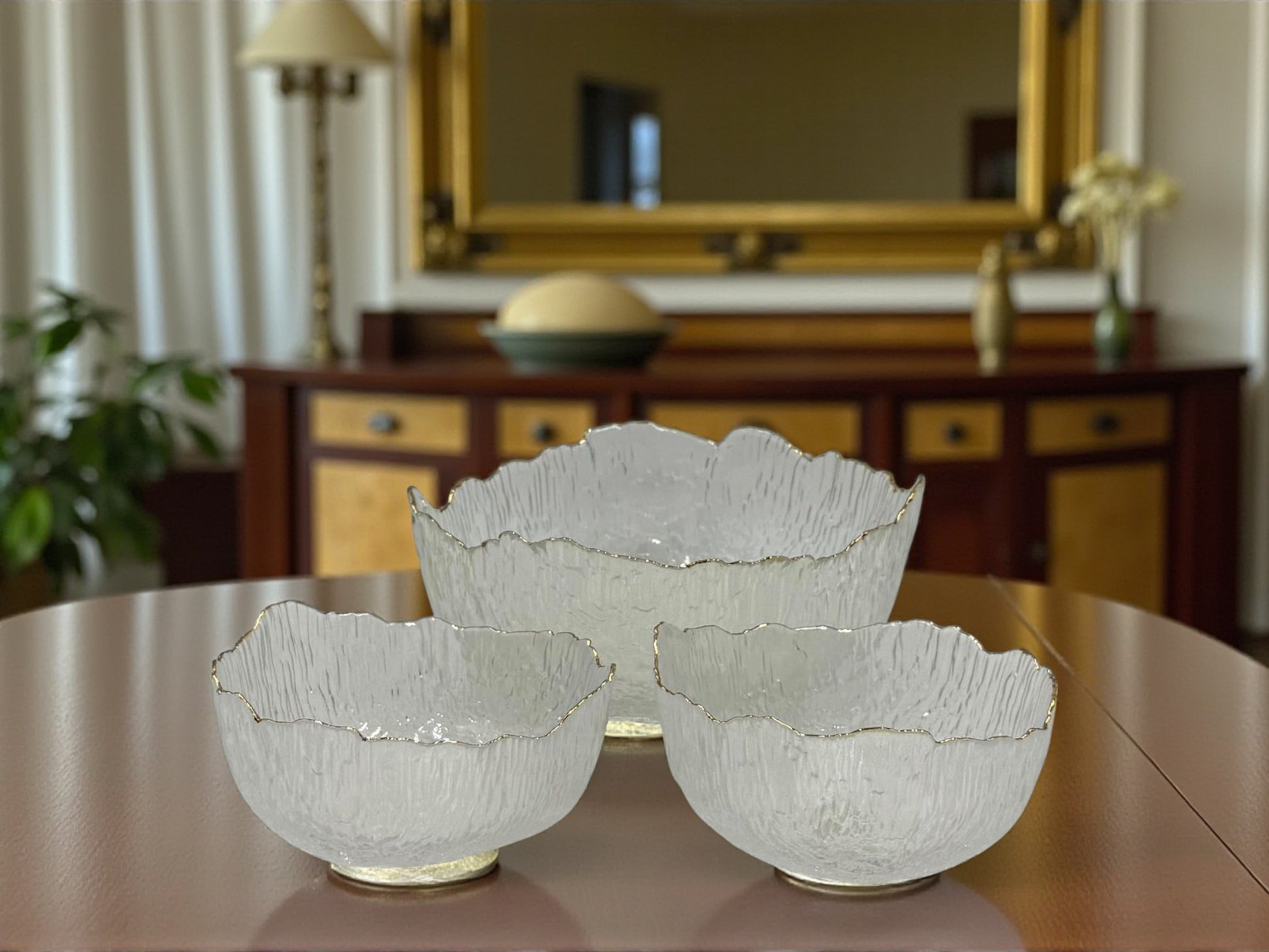 Elegant Frosted Glass Bowl Set with Gold Rim – 7-Piece for Serving Desserts & Fruits