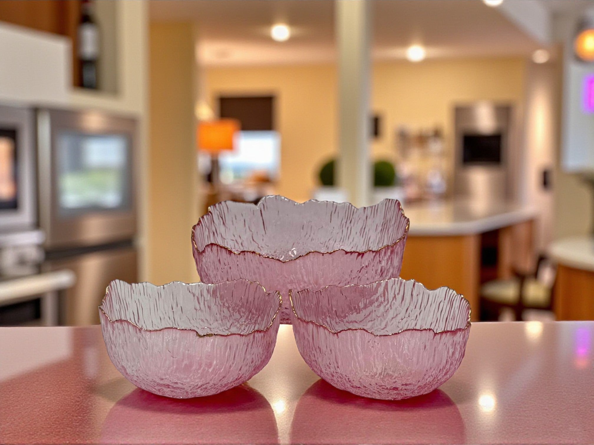 Elegant Pink Frosted Glass Bowl Set with Gold Rim – 7-Piece Set for Serving Desserts & Fruits