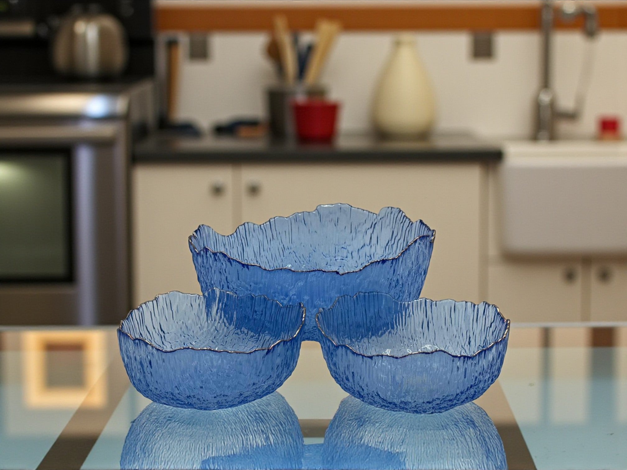 Elegant Blue Frosted Glass Bowl Set with Gold Rim – 7-Piece Set for Serving Desserts & Fruits