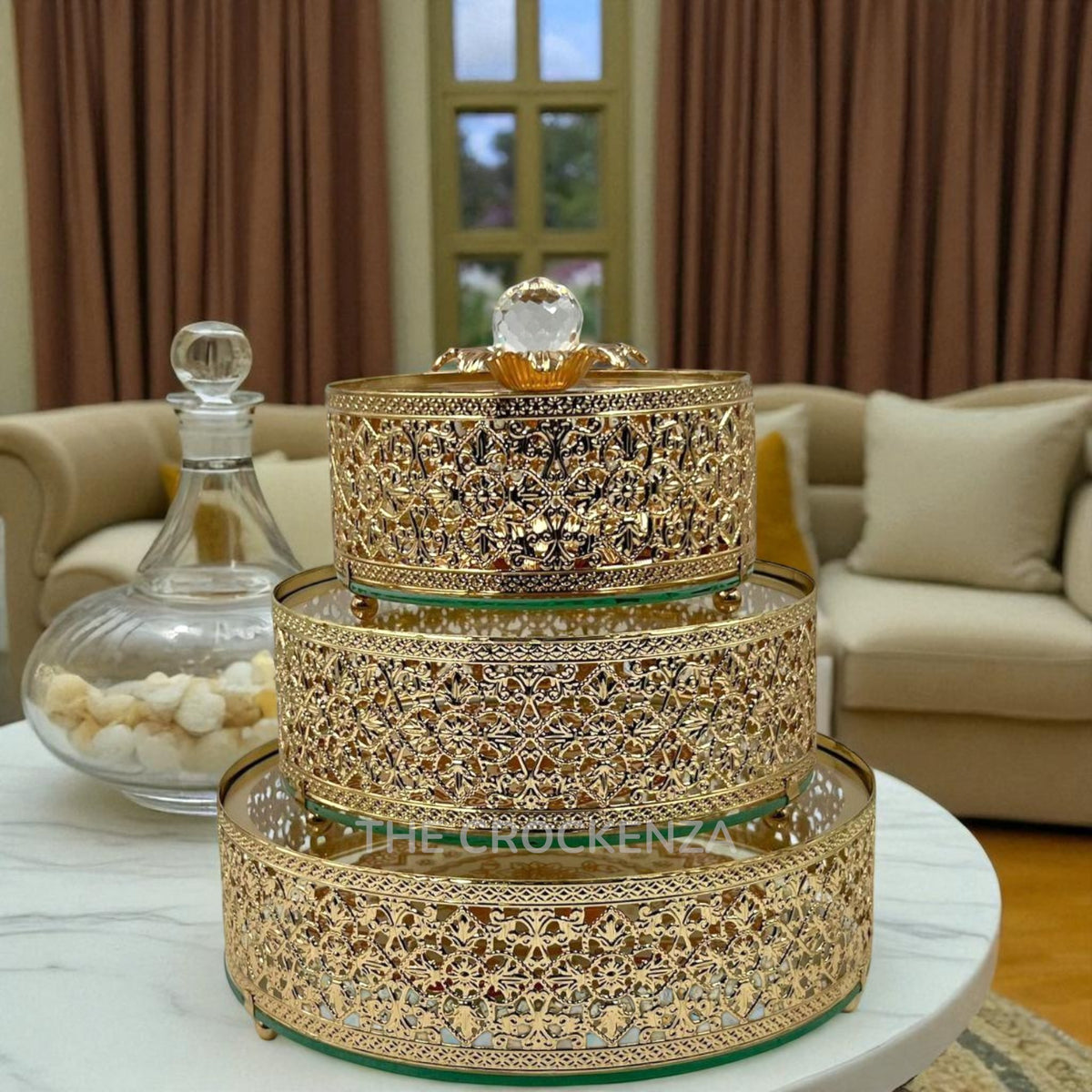 Luxury Serving Masterpieces | Imported Round Candy Dish Set with glass lids and Crystal Knobs