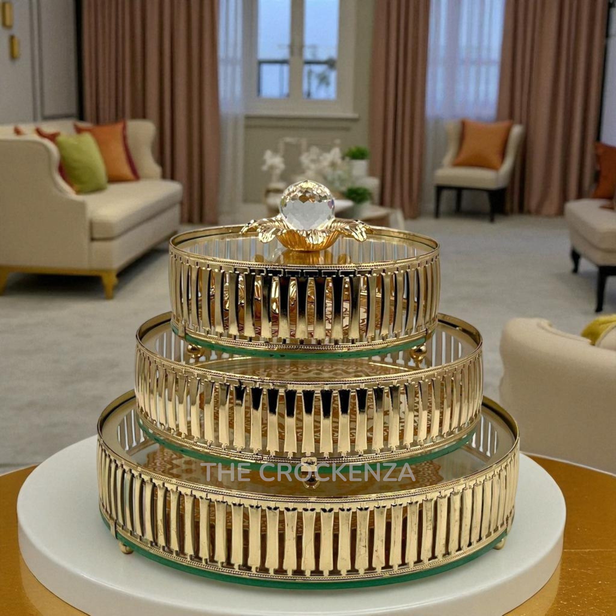 High-end Round Serving Masterpieces | Round Metallic Candy Dish Set with Crystal Knobs & Glass Base