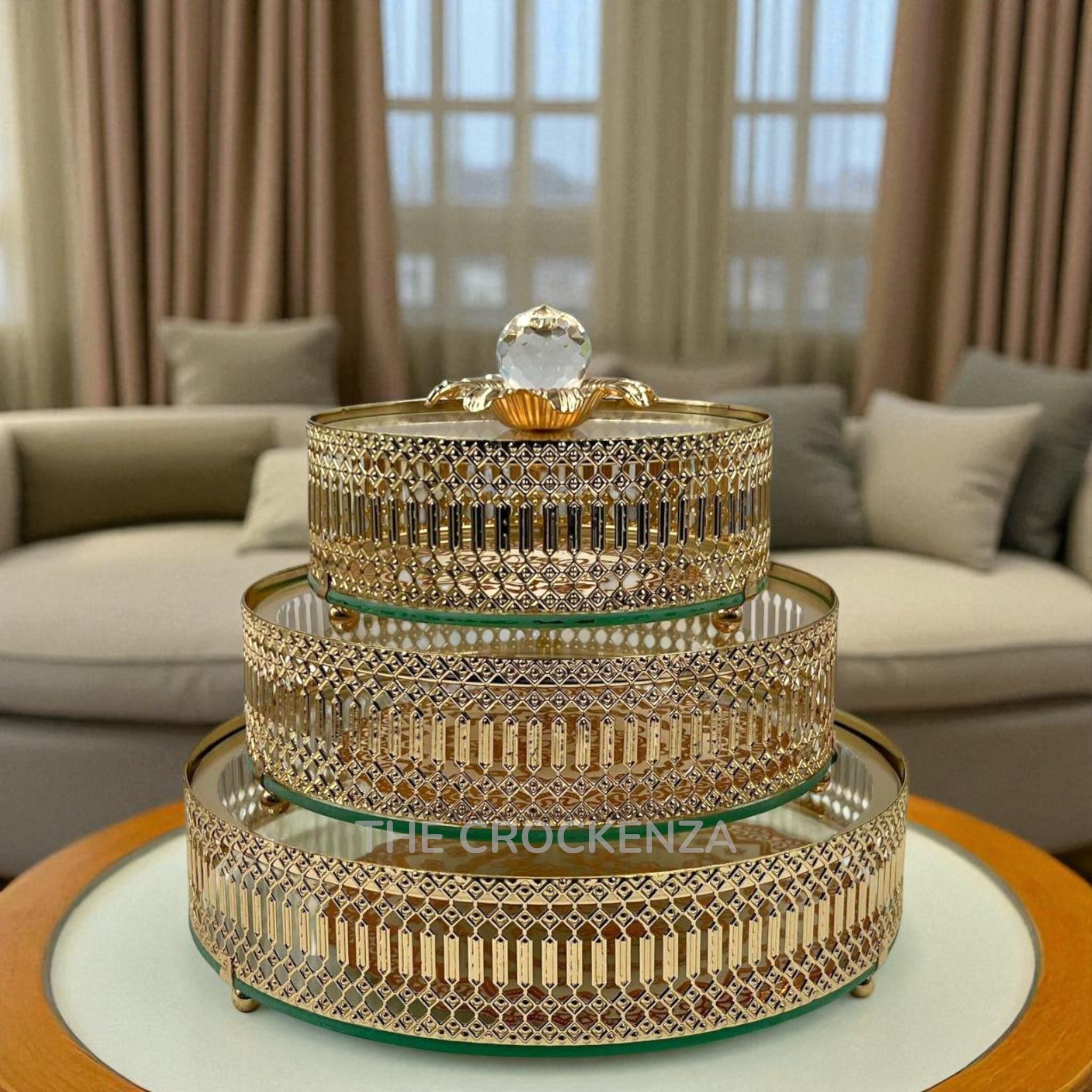 Luxury Round Serving Masterpieces | Round Metallic Candy Dish Set with Crystal Knobs & Glass Base