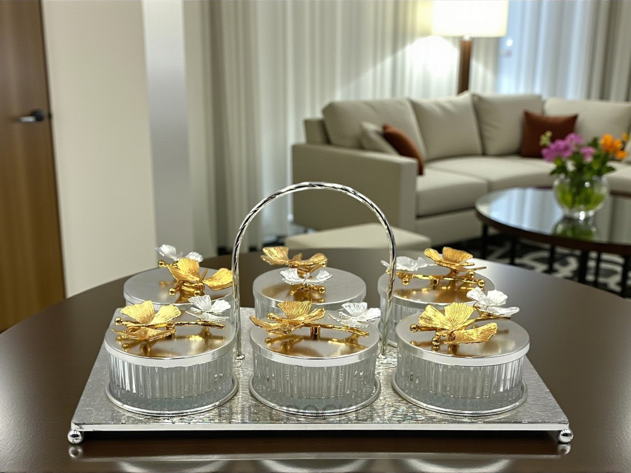 Premium Silver 6-Compartment Dry Fruit & Candy Serving Set with Gold Detailing – Luxury Table Centerpiece
