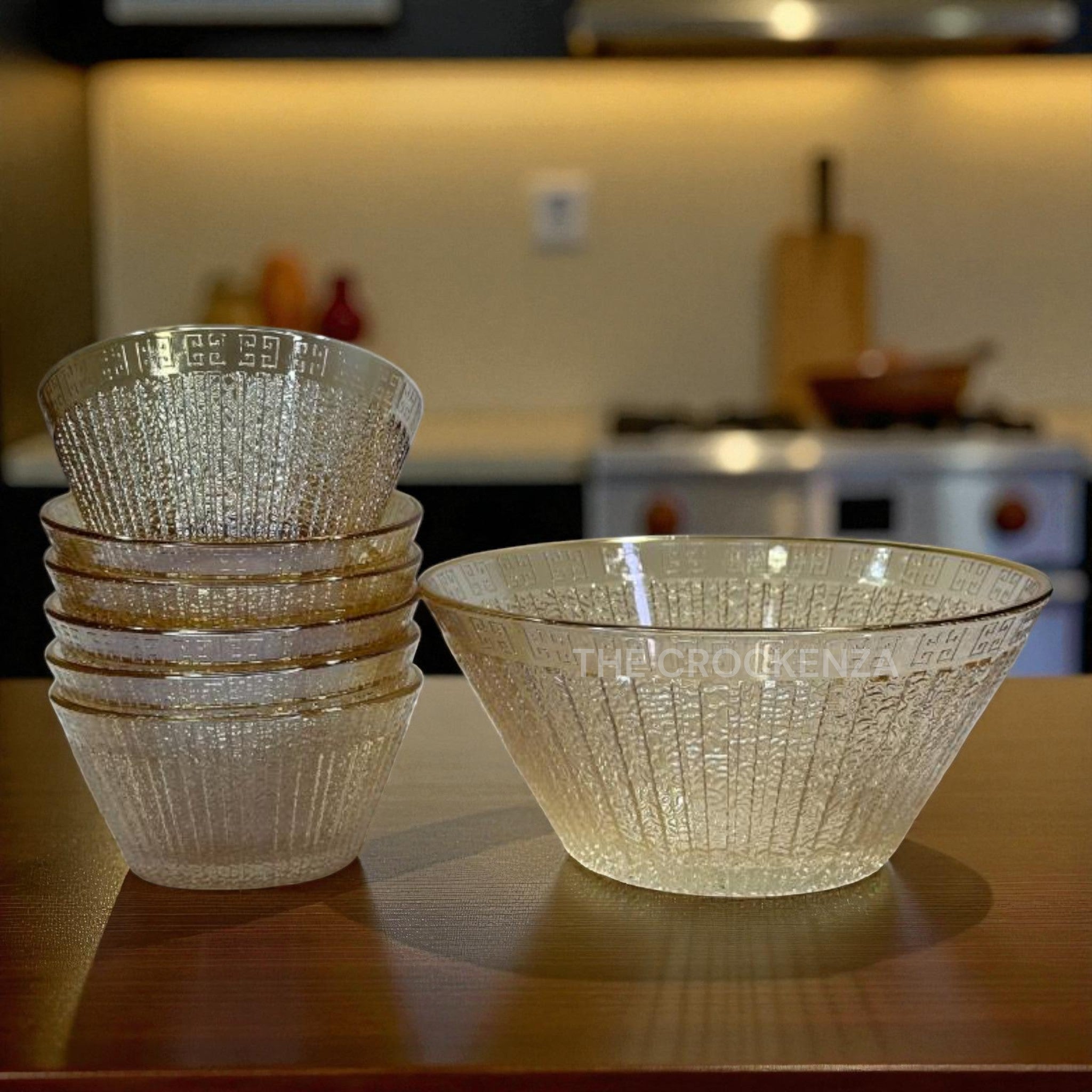 Vintage-Look Amber Textured Glass Bowl Set - 7 Pcs | Elegant Pudding & Side Dish Bowls (Available in two designs)