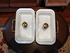 Elegant Twin Rectangular Chafing Dishes (12" each) with handles & Metal Stand – White Textured Buffet Set