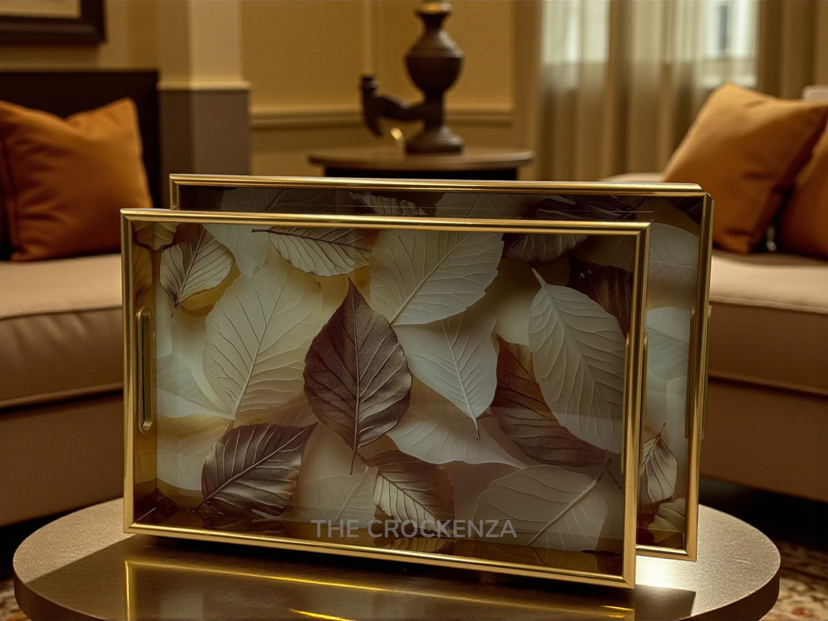 Modern Gold Frame Lucite Tray Set of 2 | Elegant Green Botanical Print Ottoman Decor