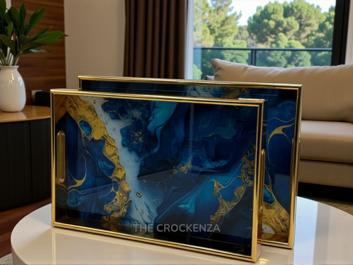 Luxury 2-Piece Acrylic Serving Tray Set | Navy Blue & Gold Marble Print with Gold Trim
