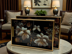 Black & Gold Magnolia 2-Piece Luxury Serving Tray Set with Acrylic Base