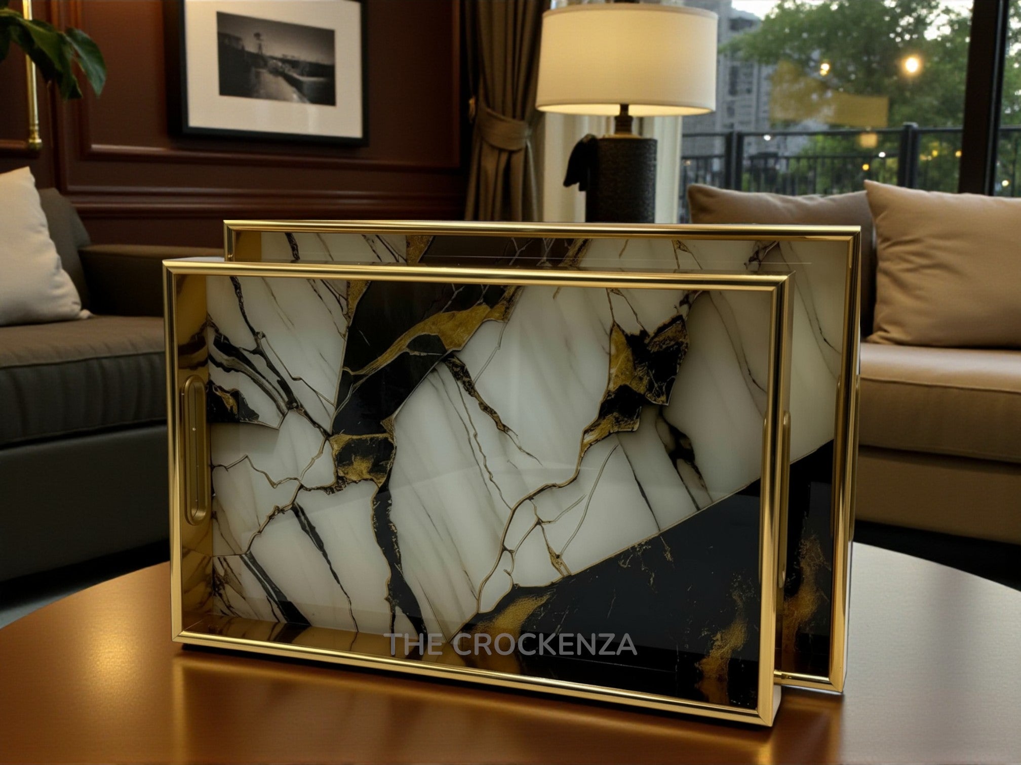 Black & White Marble 2-Piece Luxury Serving Tray Set with Gold Frame & Acrylic Base