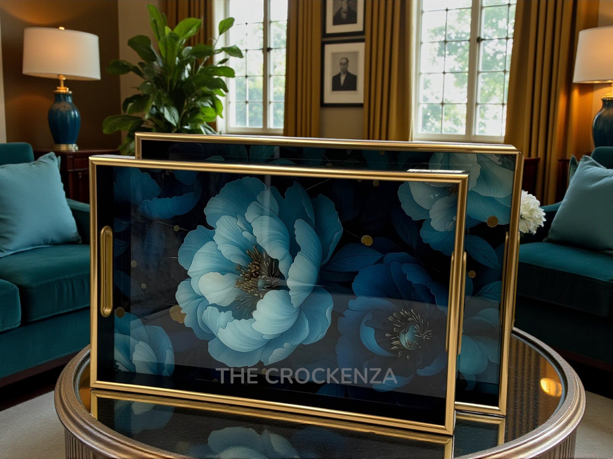 Luxury 2-Piece Acrylic Serving Tray Set | Blue Peony Floral with Gold Trim Decorative Platter