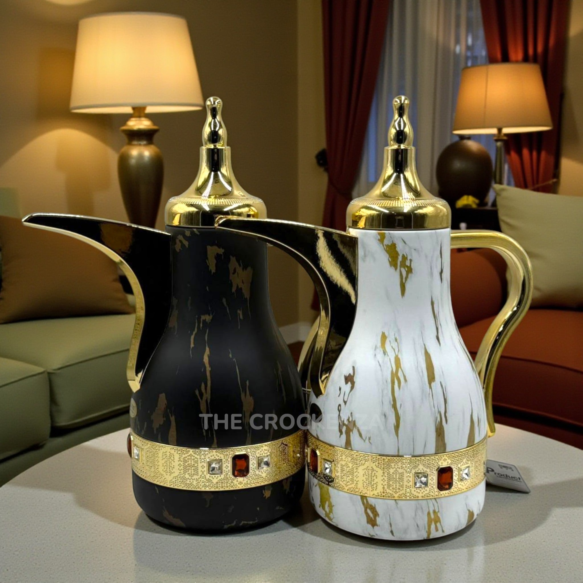 Imported Shimizu Marble Swirl Luxury Arabic Dallah Thermos - Gold & Gem Accents