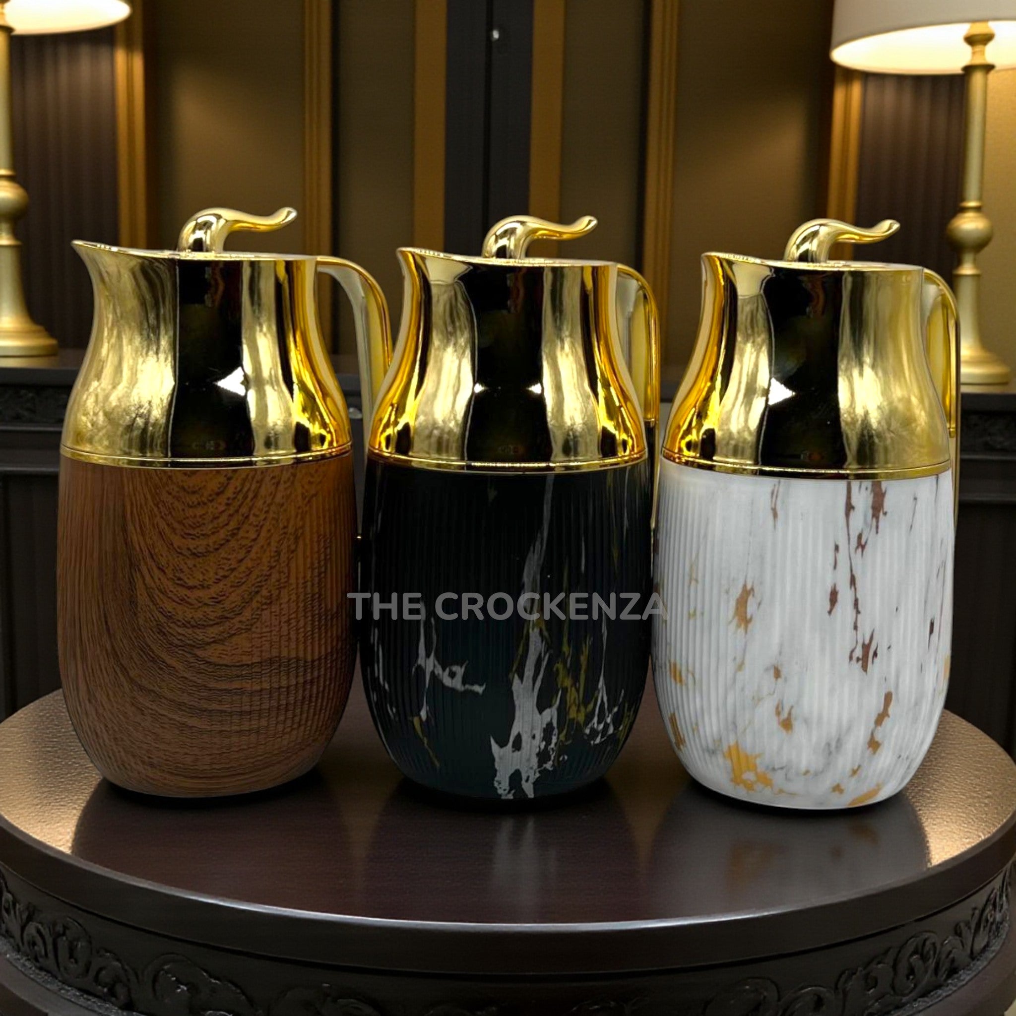 Prestige Series Gold-Neck Insulated Flask – Elegant Marble and Wood Grain Design