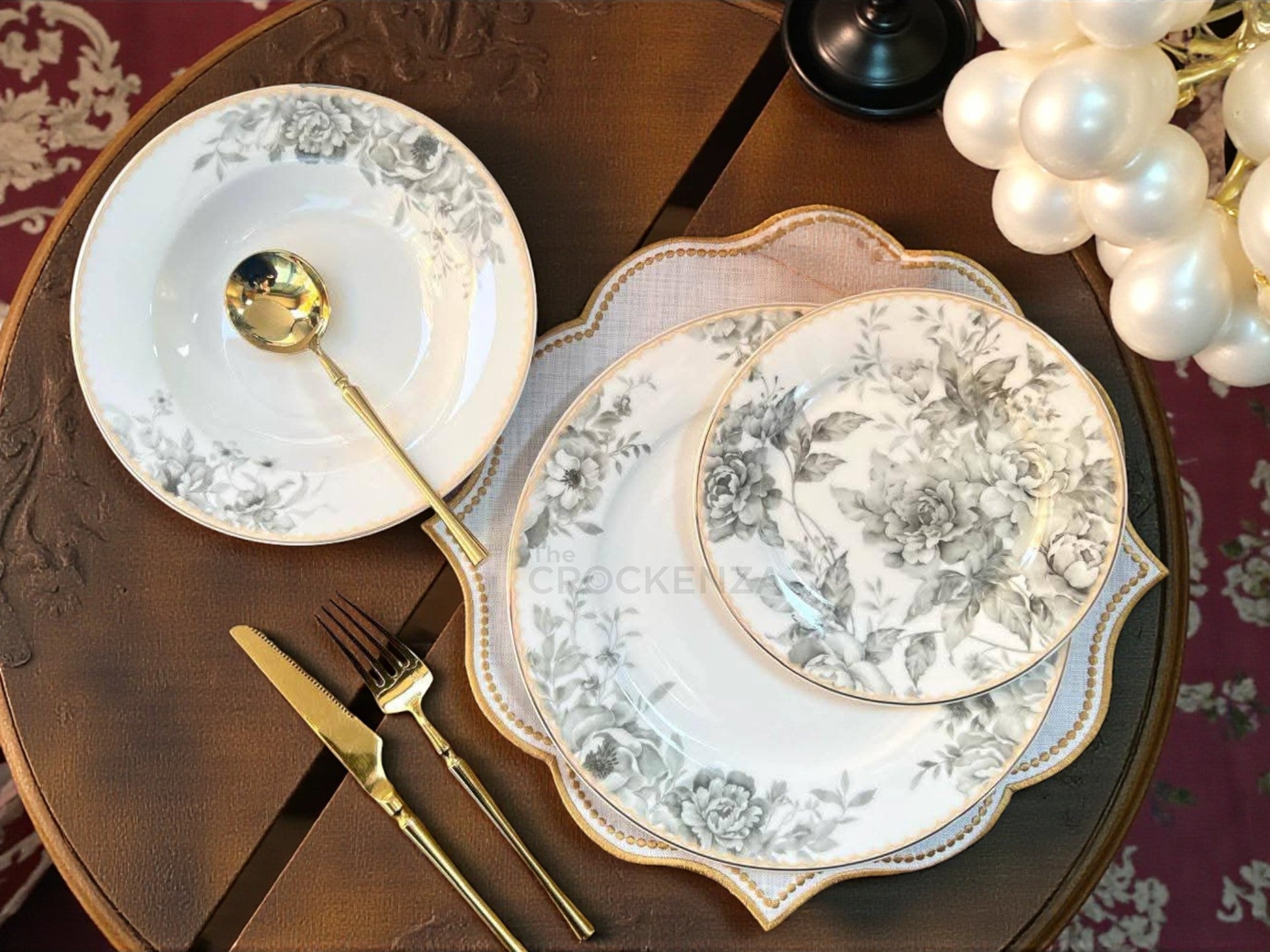 Vintage Grey Rose Johnson Bros inspired 18-Piece Plate Set | Premium Bone China with Gold Accents